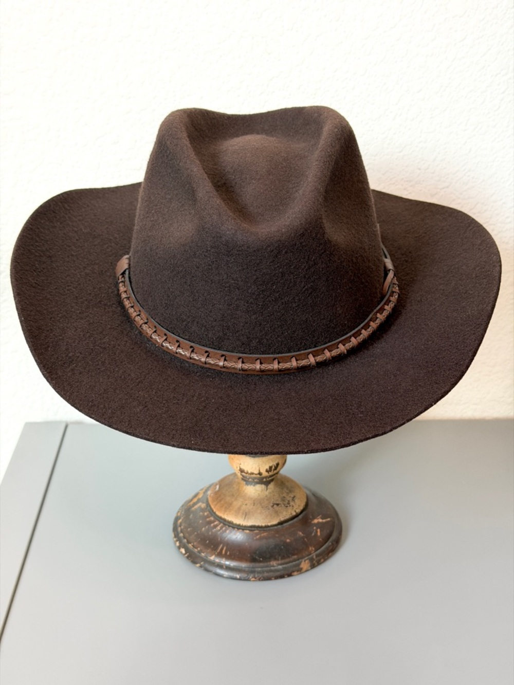 LHC Brown Wool Felt Western Hat with Woven Leather Band